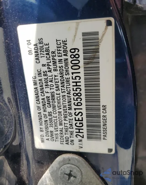 2005 Honda Civic Lx z USA, uszkodzony, nr VIN 2HGES16585H510089